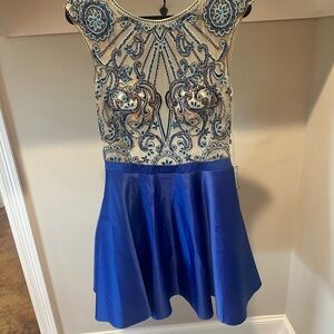 Elegant Blue Beaded Short Formal Dress. Size 14. Imperfections noted
